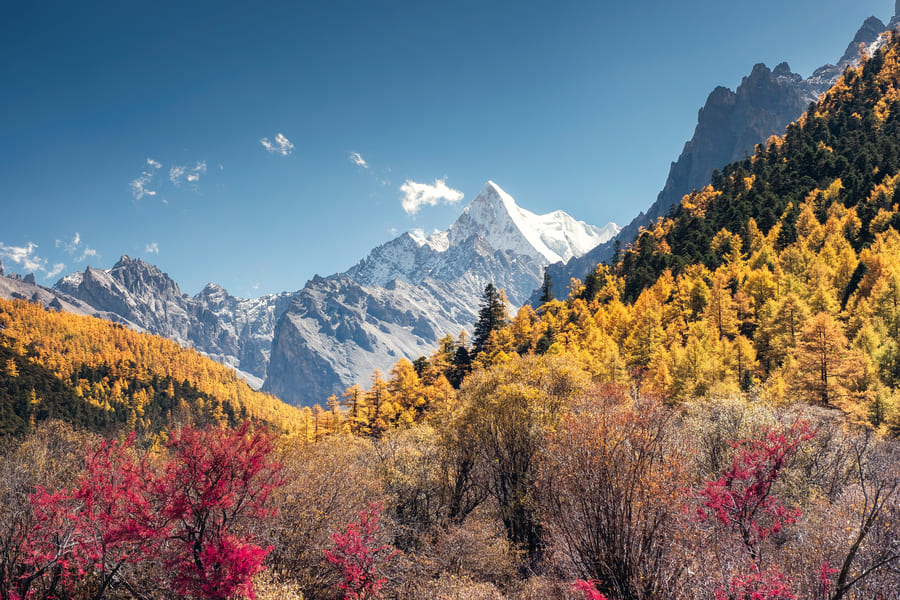Postal de un día primaveral soleado en Shangrila con las montañas de fondo.